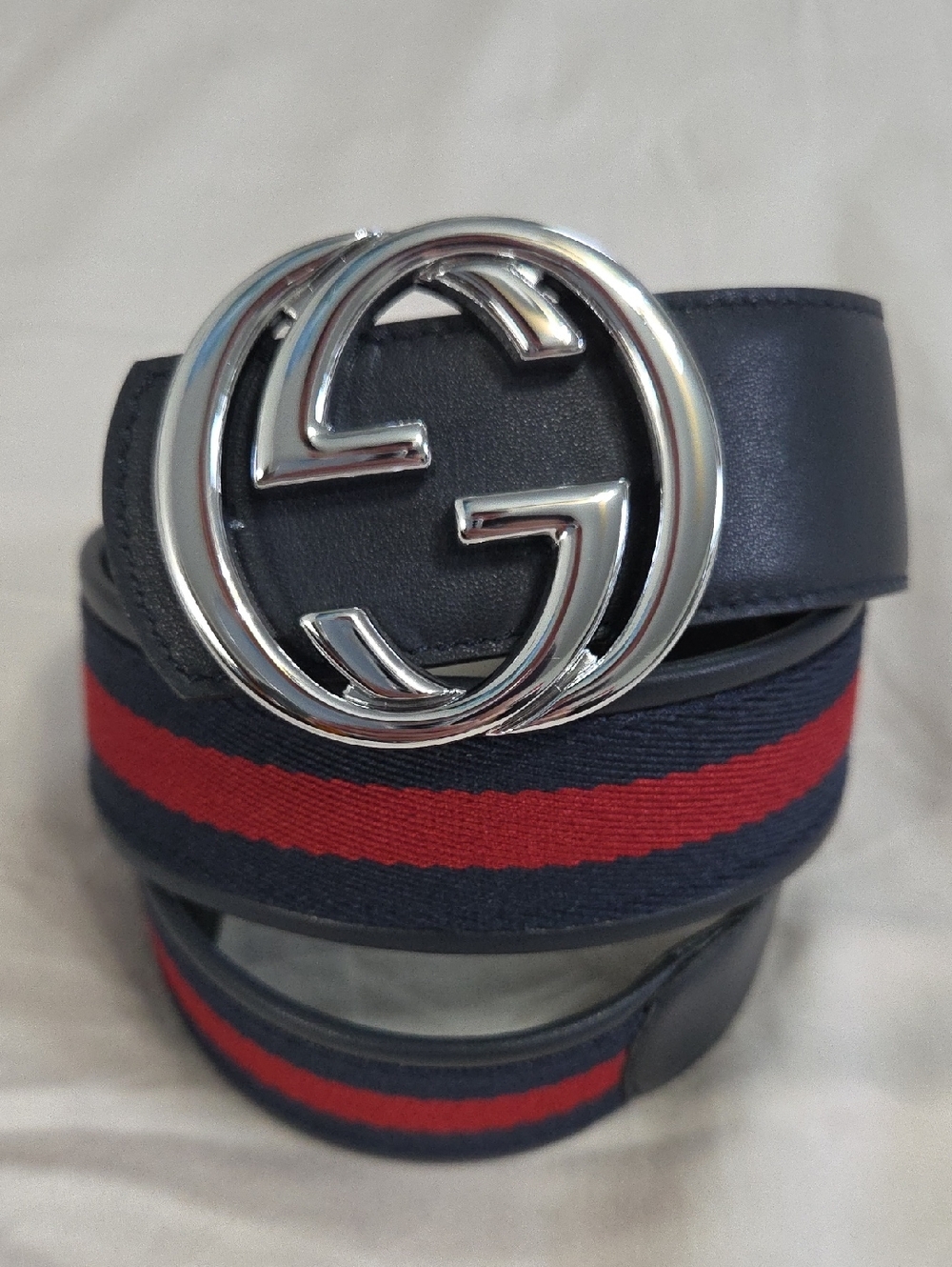 Gucci Reversible Blue Leather Web Belt Red Navy Stripe Silver GG